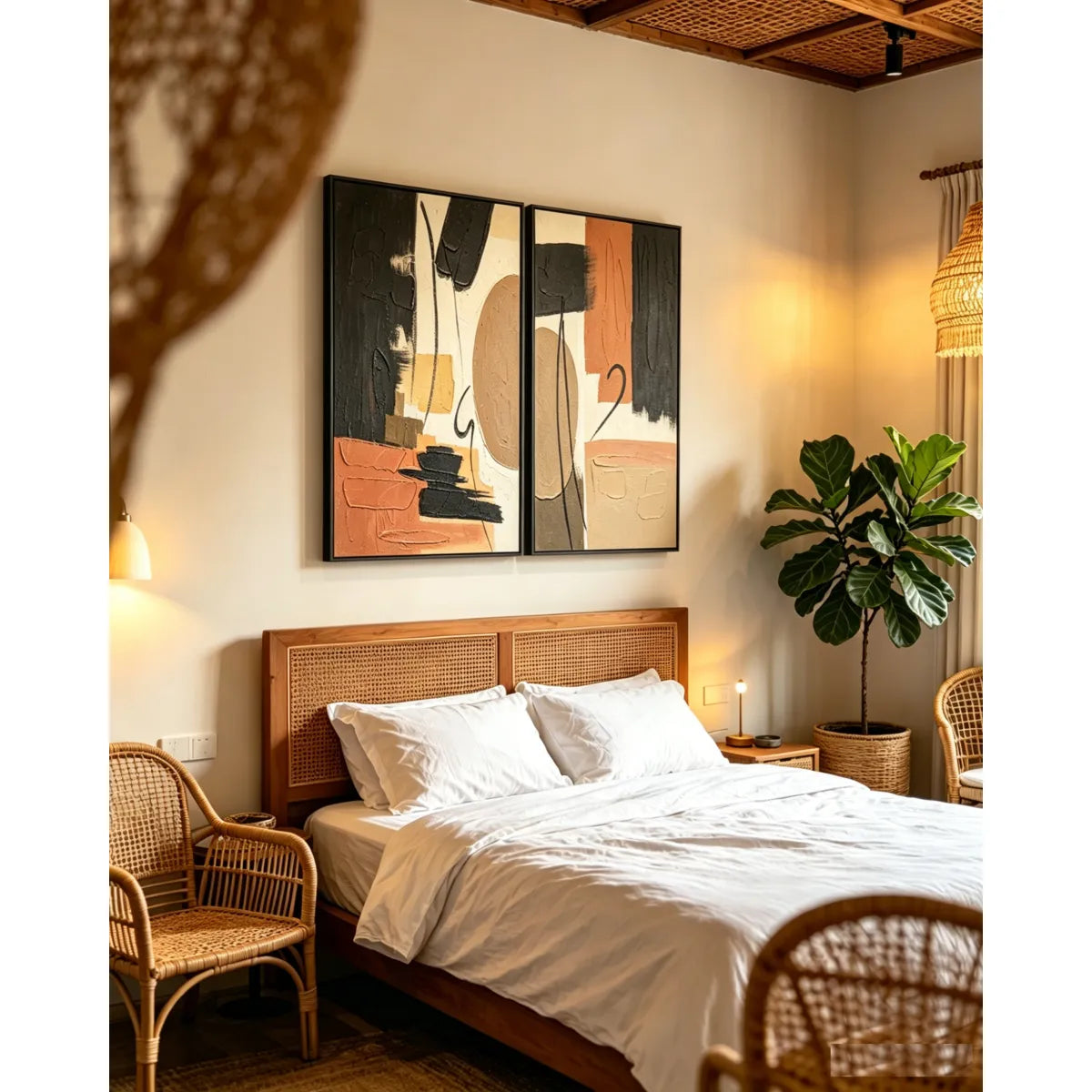 Set of 2 Framed Abstract Wall Art, Black, Beige and Terracotta Textured Canvas