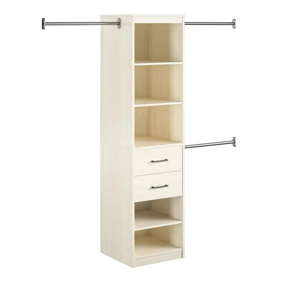 5-Shelf Closet Organizer with 2 Drawers and Adjustable Hanging Rods, Ivory