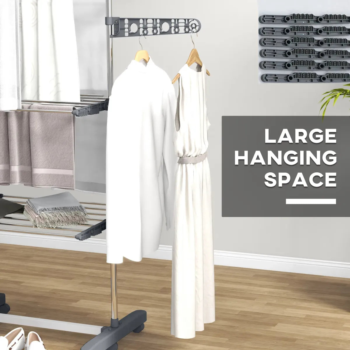 3-Tier Foldable Stainless Steel Clothes Drying Rack with Side Wings and Castors, Grey