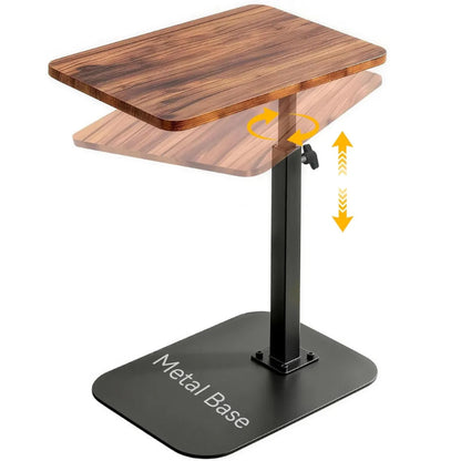 Height-Adjustable C-Shaped Sofa Side Table with 360° Swivel Top, Walnut and Black