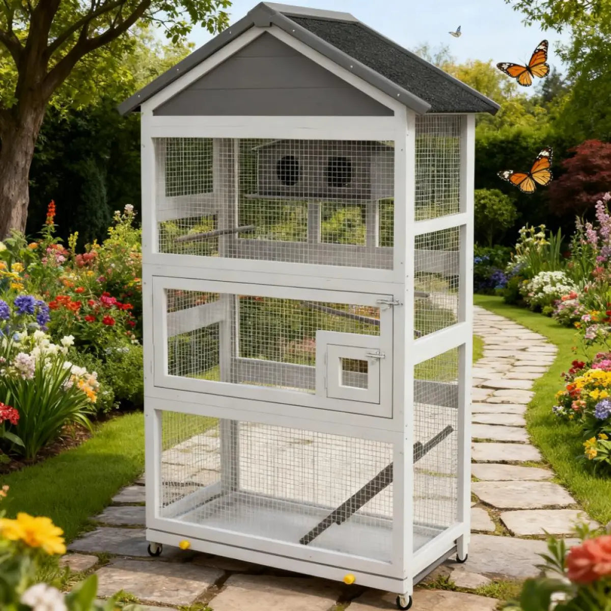 Wooden Bird Aviary House with Slide-Out Tray