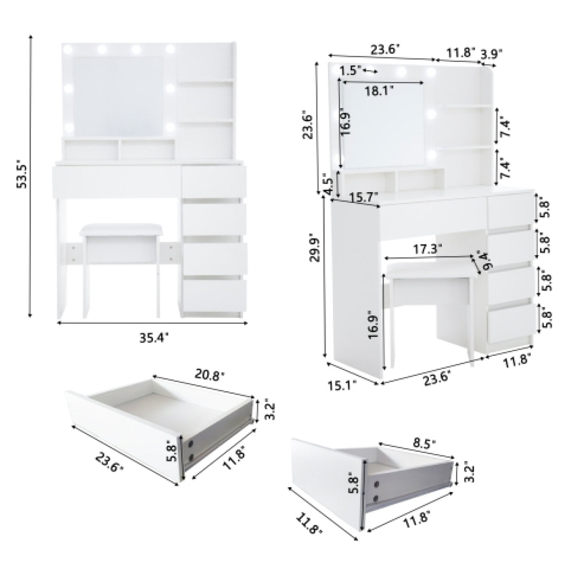 Hollywood Lighted Makeup Vanity Desk Set – Particle Board & MDF with Stool, White Bedroom – view 5