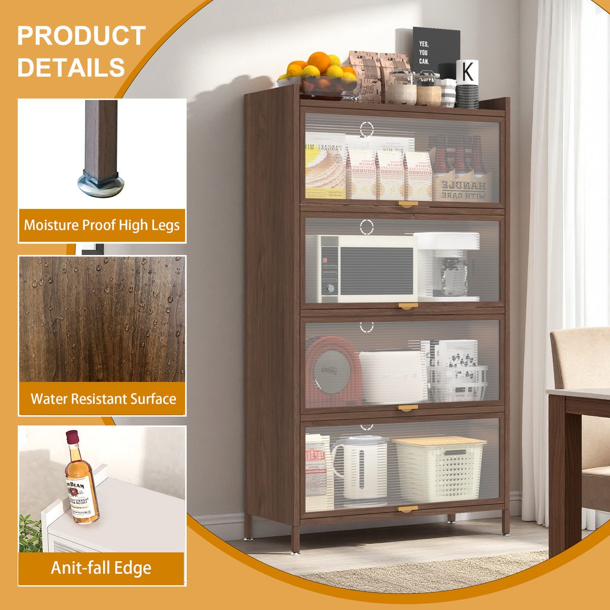 57 inch tall metal 4-door flip cabinet, walnut