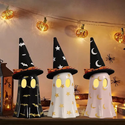 Set of 3 Ceramic Halloween Ghosts with Witch Hats, Spooky Mantel and Shelf Decor
