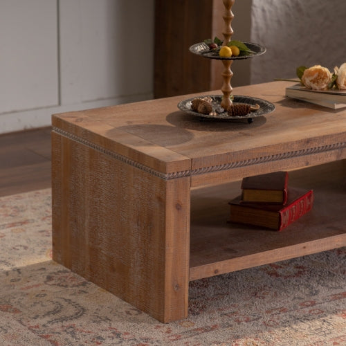 Rustic solid wood coffee table with shelf
