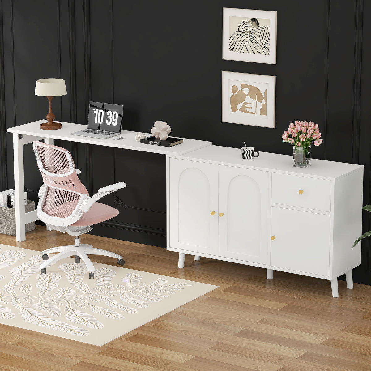 2-in-1 swivel desk and sideboard, white