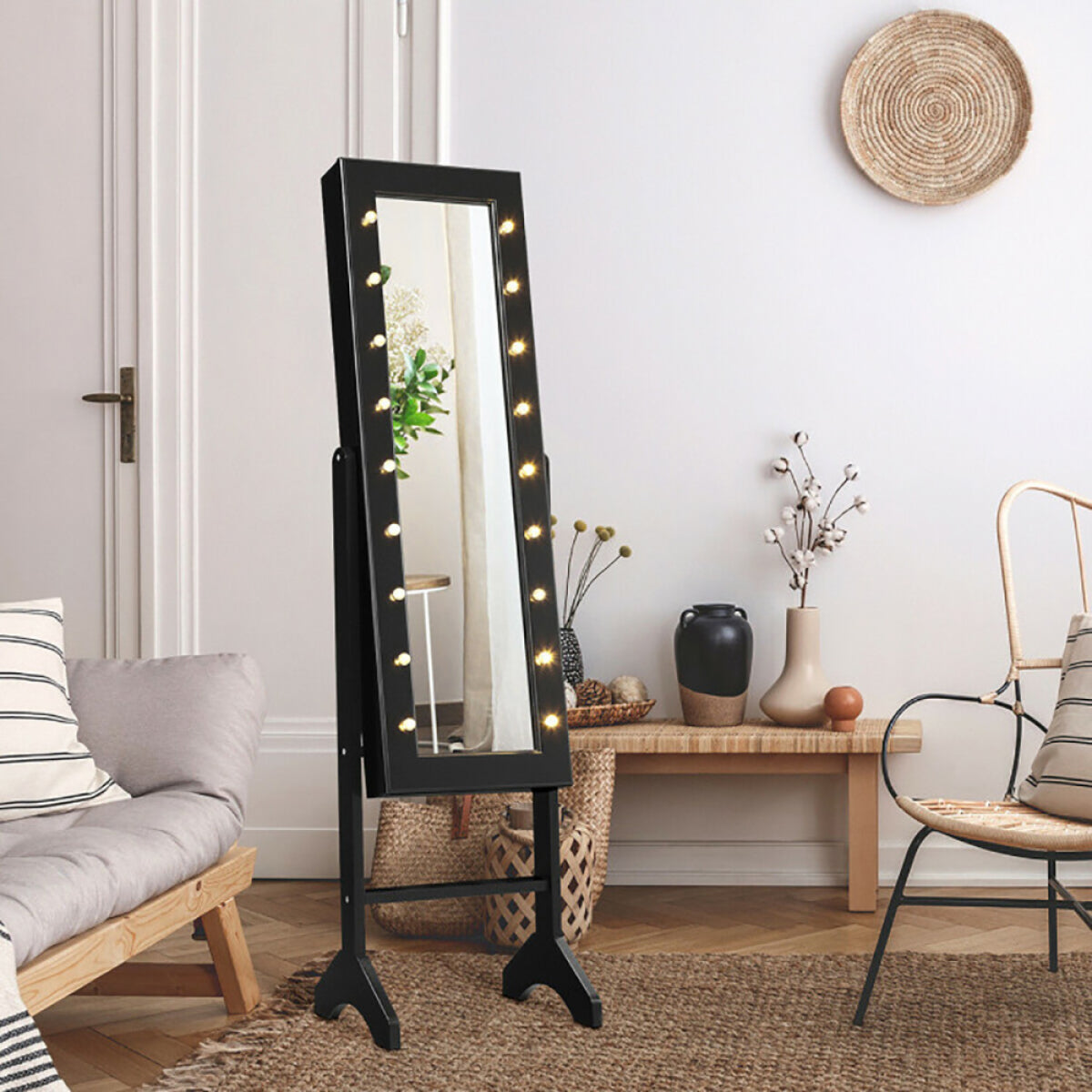 Mirrored Standing Jewelry Armoire – LED Lights, Bedroom Storage – view 2