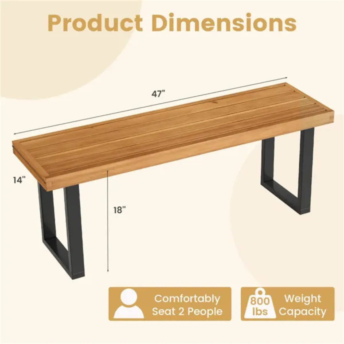 Set of 2 Solid Acacia Wood Outdoor Dining Benches with Metal Legs