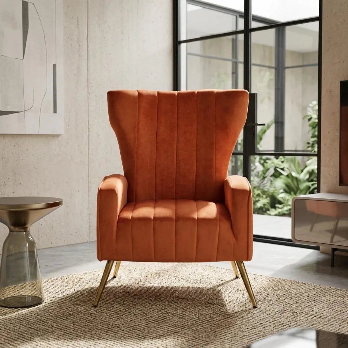 Velvet Wingback Accent Chair with Metal Legs