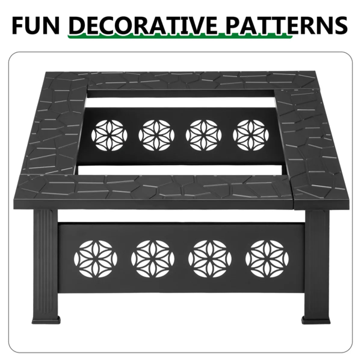 32" Square Wrought Iron Fire Pit Table with Pyramid Screen Lid, Black