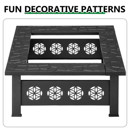 32" Square Wrought Iron Fire Pit Table with Pyramid Screen Lid, Black