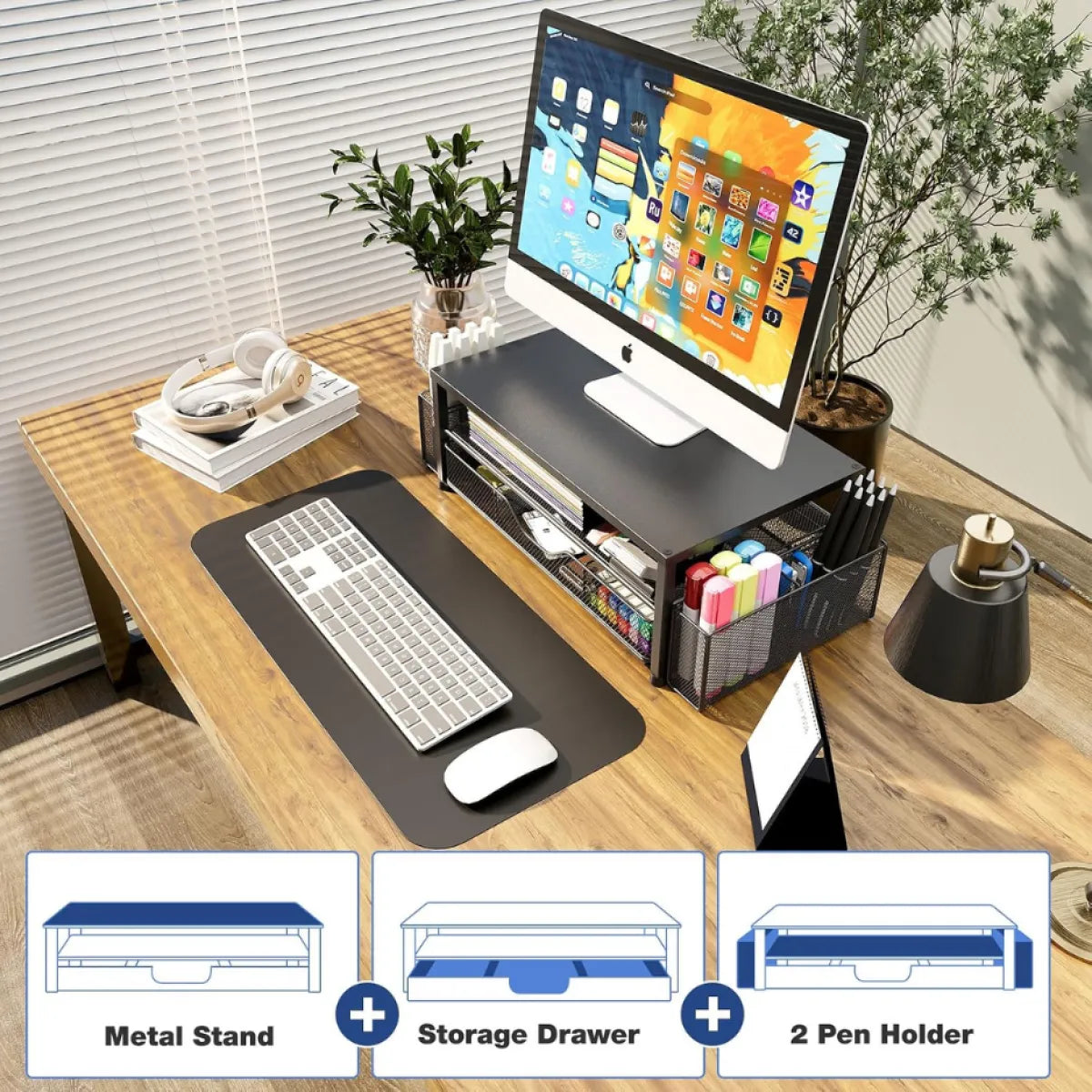 2-Tier Monitor Stand with Desk Organizer – Computer Riser with Storage
