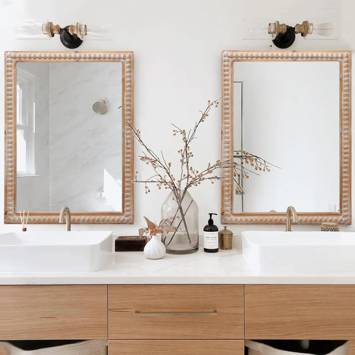 Wood Framed Farmhouse Wall Mirror, Antique Natural