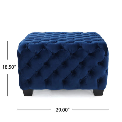 Velvet Button-Tufted Ottoman, Navy Blue