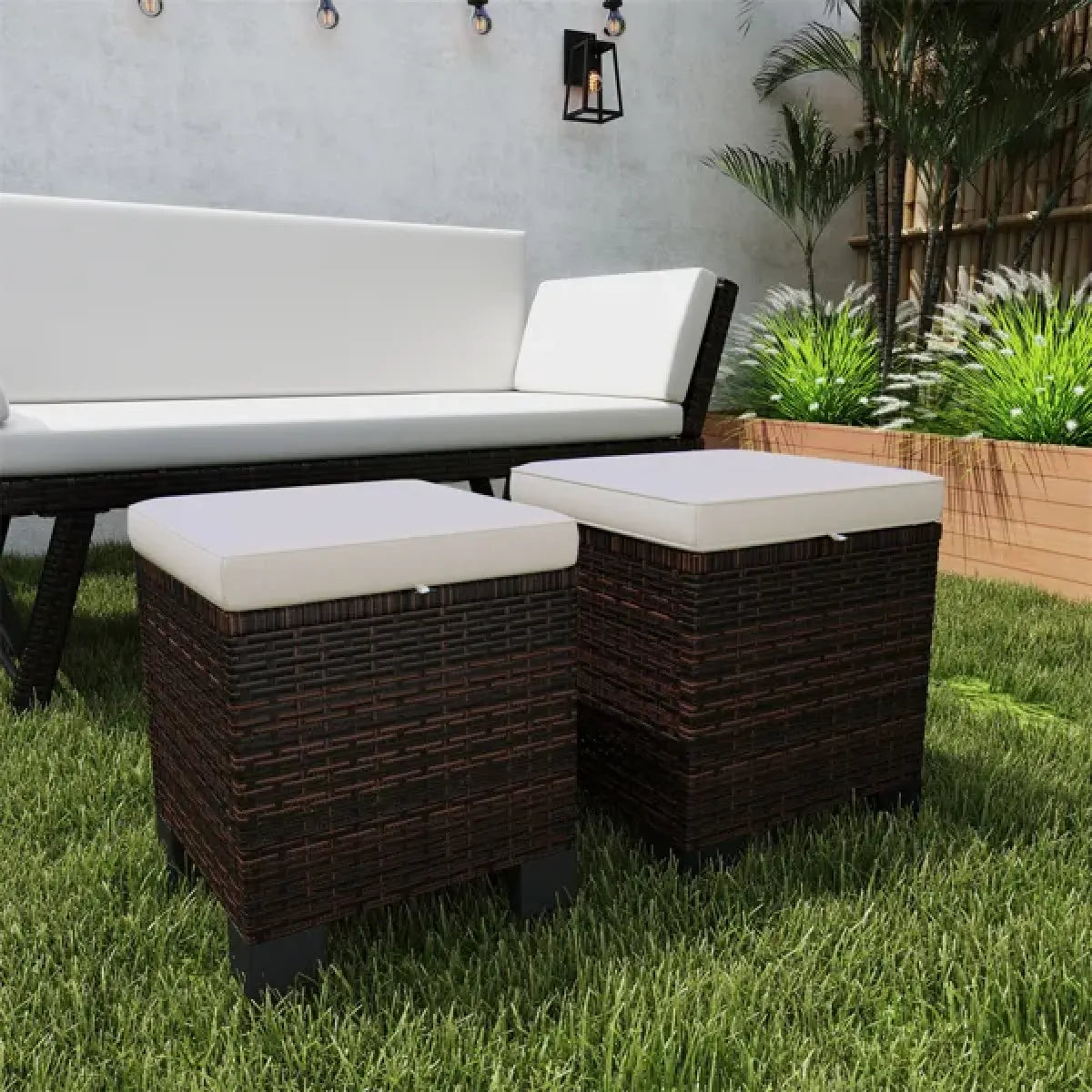 2-Piece Wicker Outdoor Ottoman Set with Cushions, Footrest and Side Table