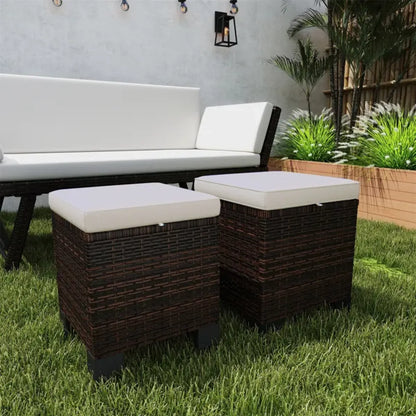 2-Piece Wicker Outdoor Ottoman Set with Cushions, Footrest and Side Table