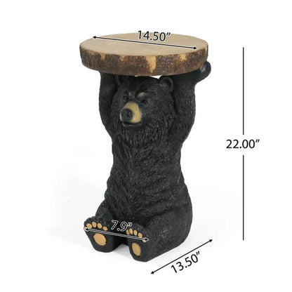 Black Bear Statue Side Table, Hand-Painted Sculpture End Table