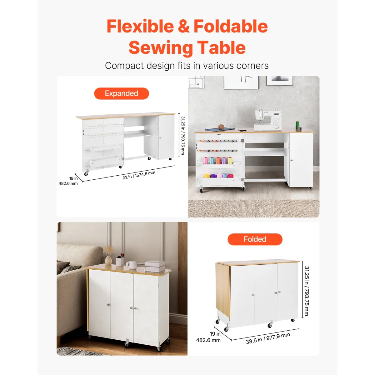 Folding Sewing Table with Cabinet and Charging Station