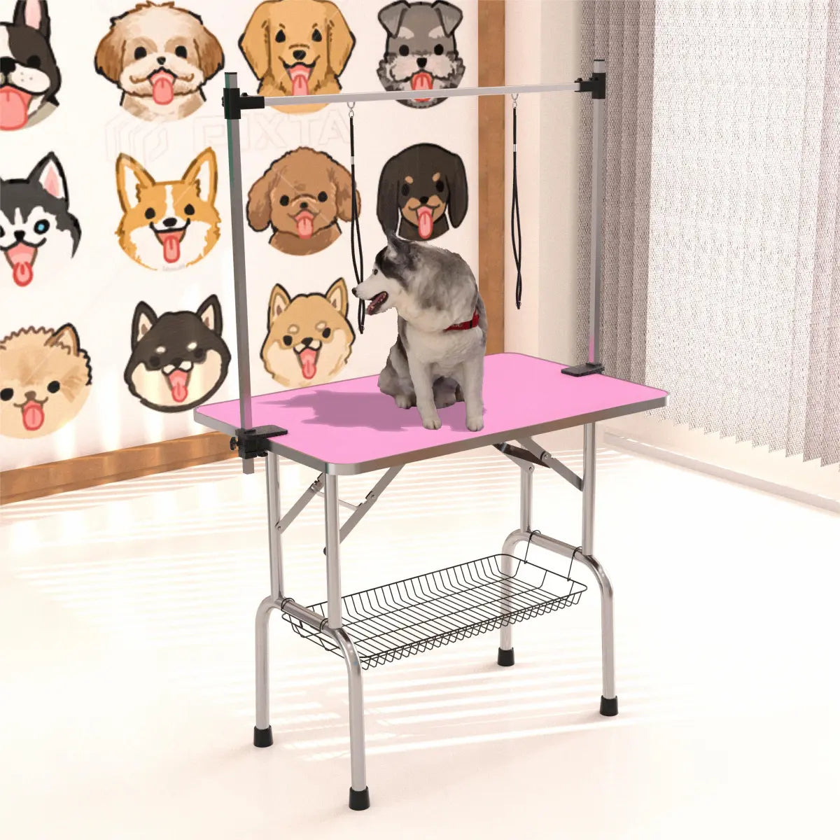 Folding Dog Grooming Table with Adjustable Arm, Pink