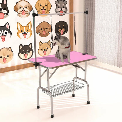 Folding Dog Grooming Table with Adjustable Arm, Pink