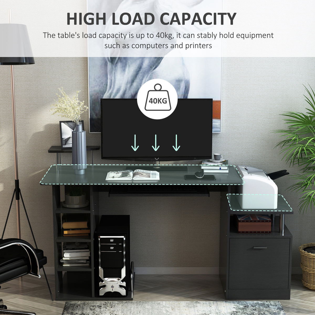 PC workstation desk with CPU and printer storage