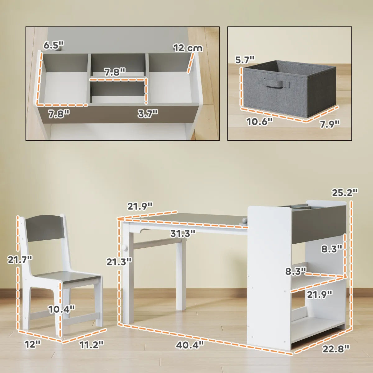 Kids Desk and Chair Set with Paper Roll – Activity Craft Table with Storage, Gray – view 2