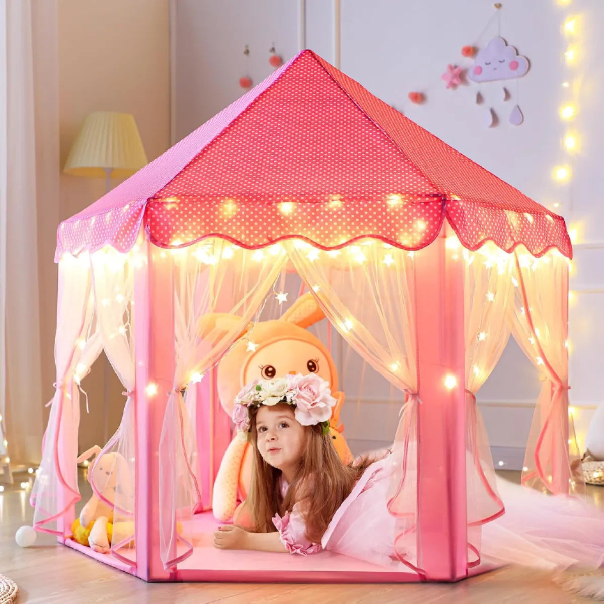 Kids Princess Castle Play Tent – Large Playhouse with Star Lights