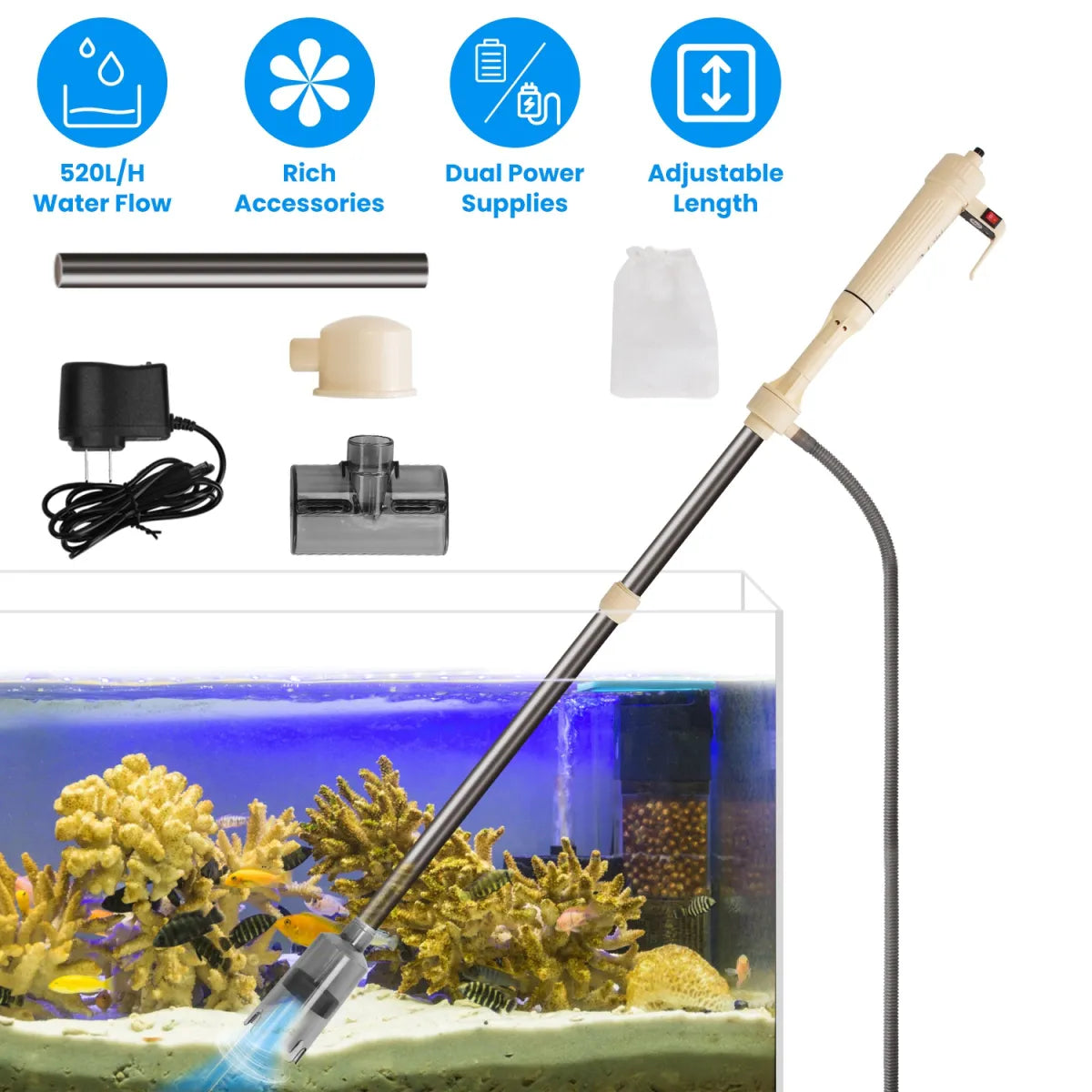 Electric Aquarium Gravel Cleaner Kit – Adjustable Automatic Fish Tank Vacuum