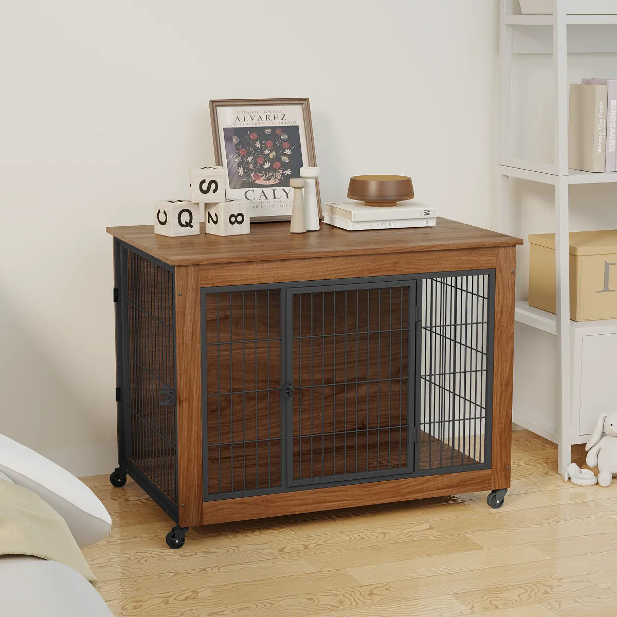 Dog Crate Furniture End Table with Wheels, Brown