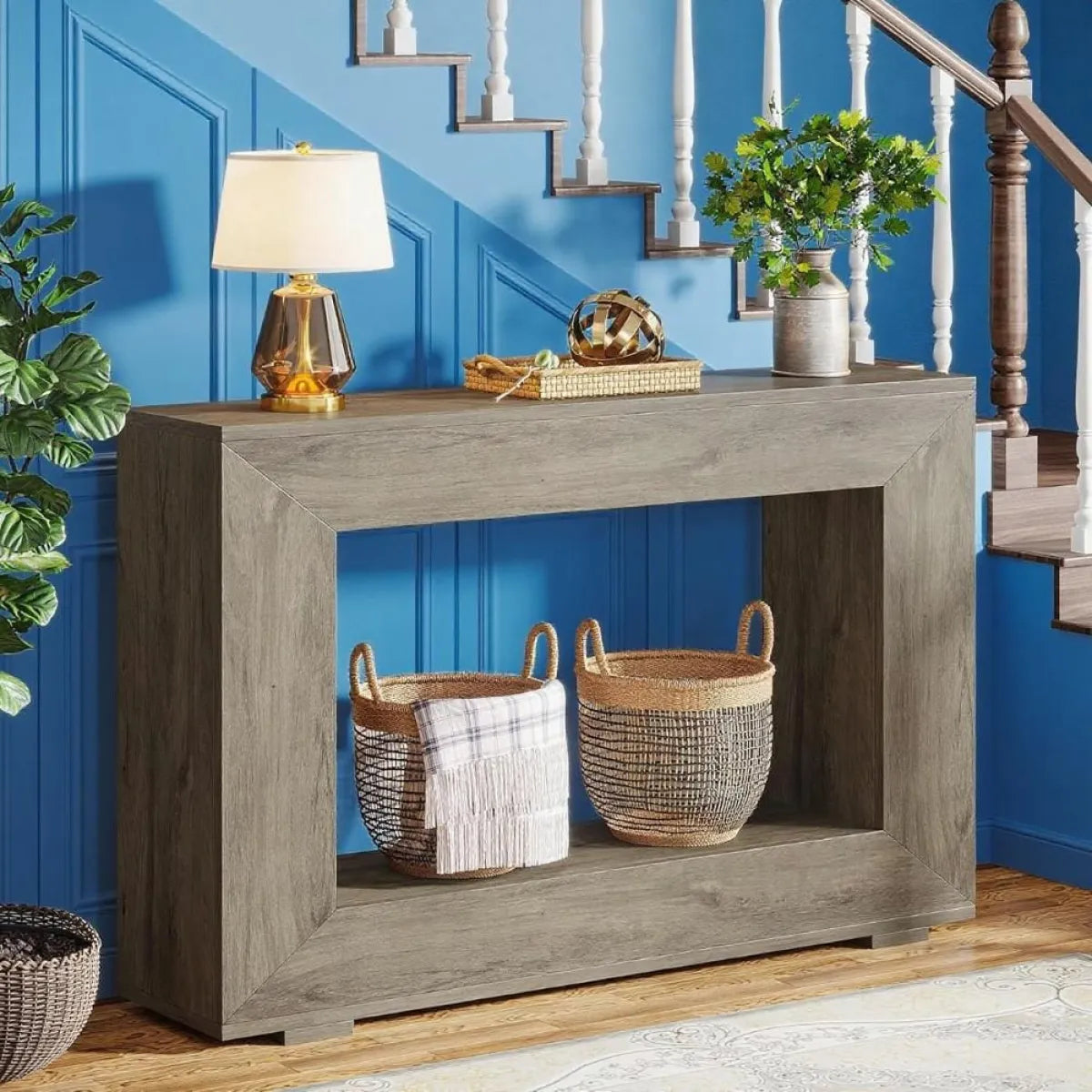 Weathered Grey Wood Console Table with Storage Shelf