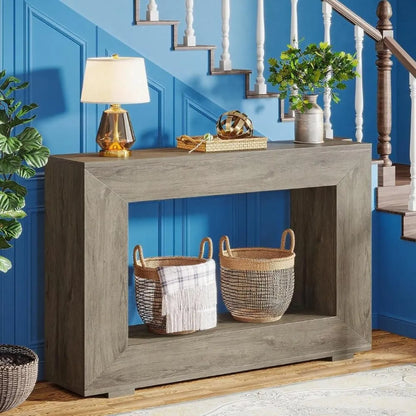 Weathered Grey Wood Console Table with Storage Shelf