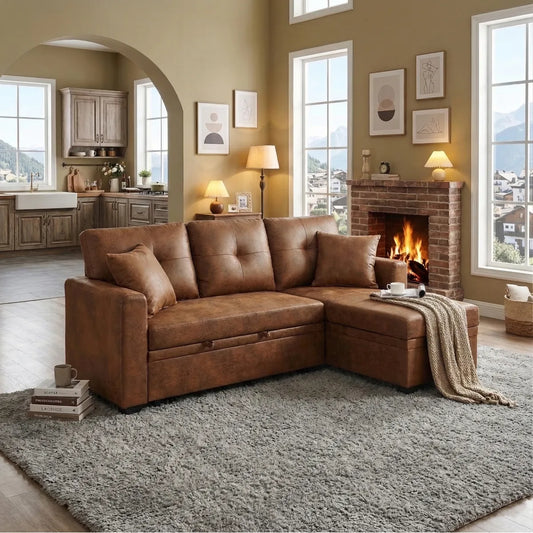 L-Shaped Pull-Out Sleeper Sofa – Reversible Chaise, Storage Sectional, Light Brown