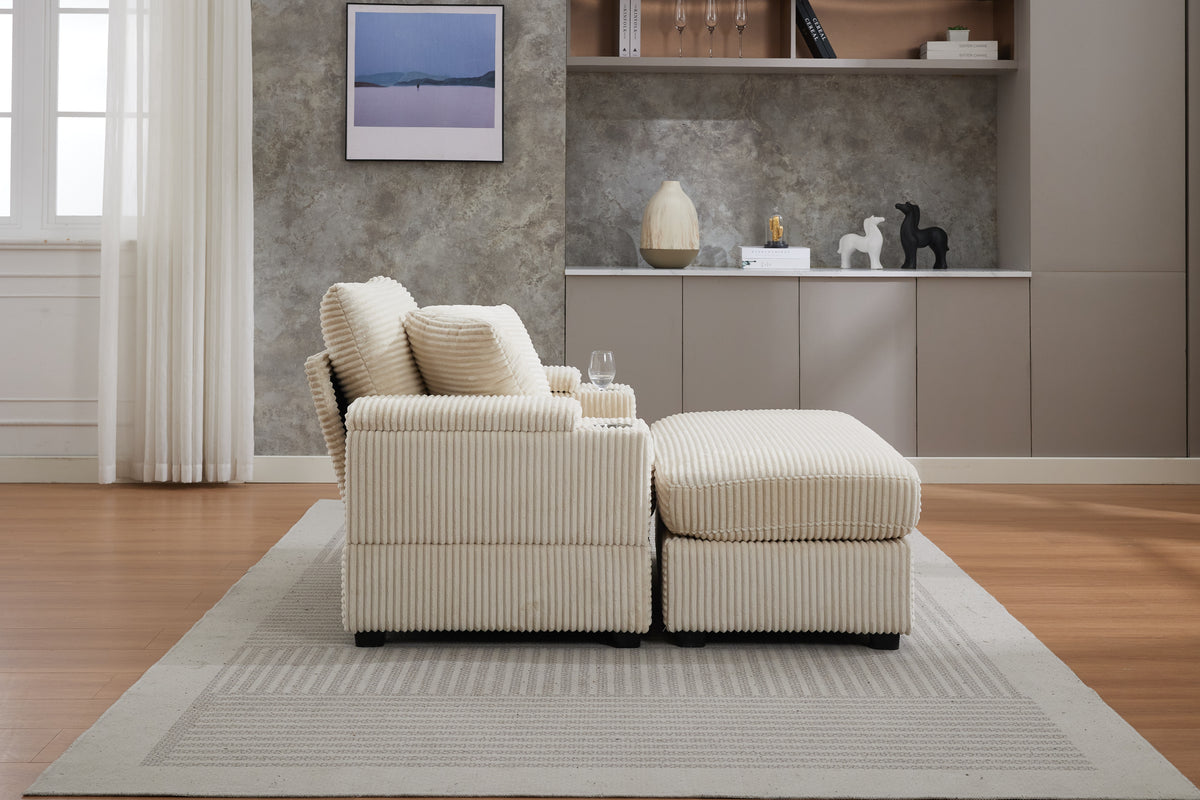 Corduroy Chaise Lounge Sofa with Ottoman, Beige – alternate view 2
