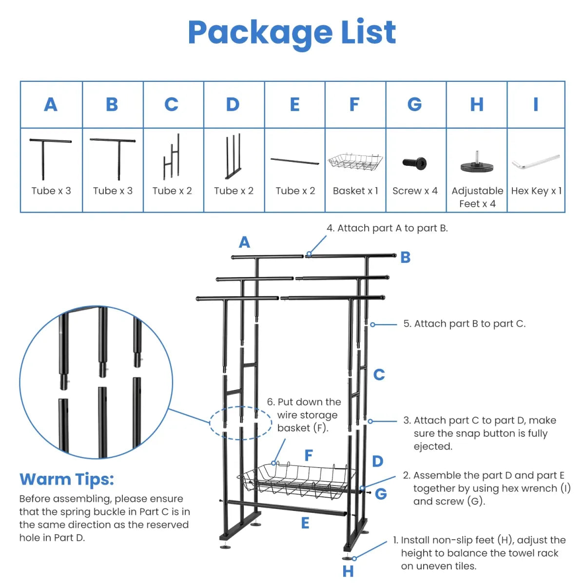 3-Tier Freestanding Towel Rack with Storage Basket, Black