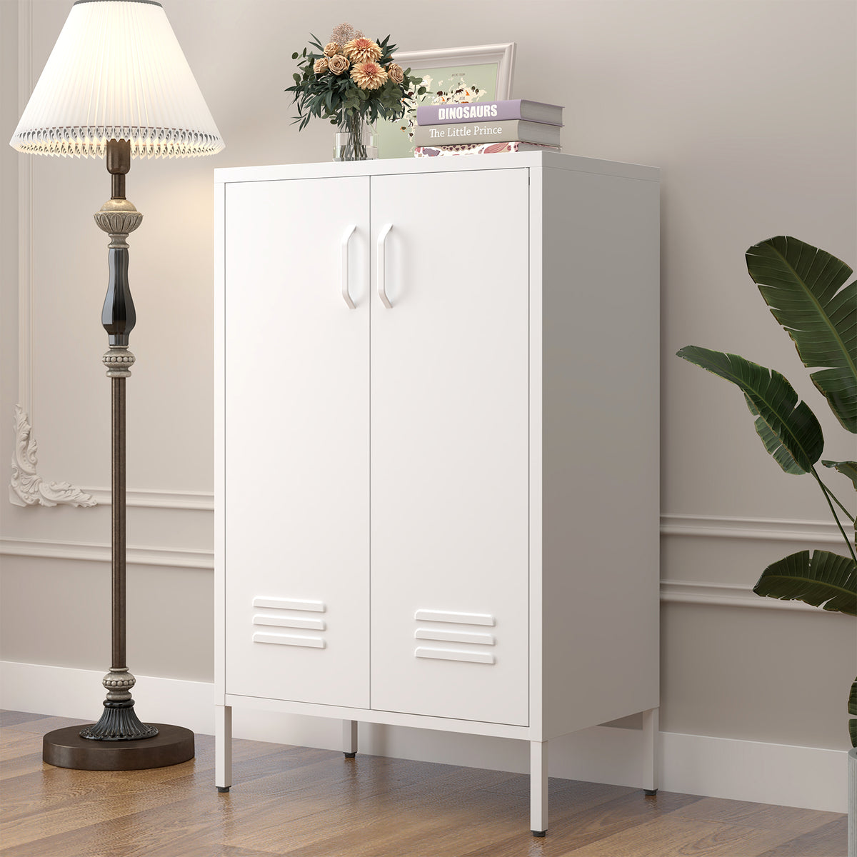 White steel storage cabinet with 2 doors