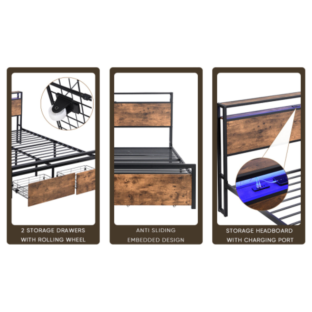Full Size LED Platform Bed Frame – Metal & Wood, Storage Headboard – view 6