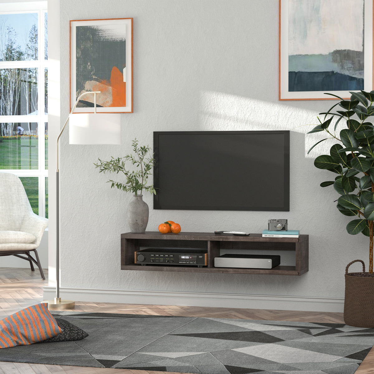 Wall-mounted floating TV stand, dark grey
