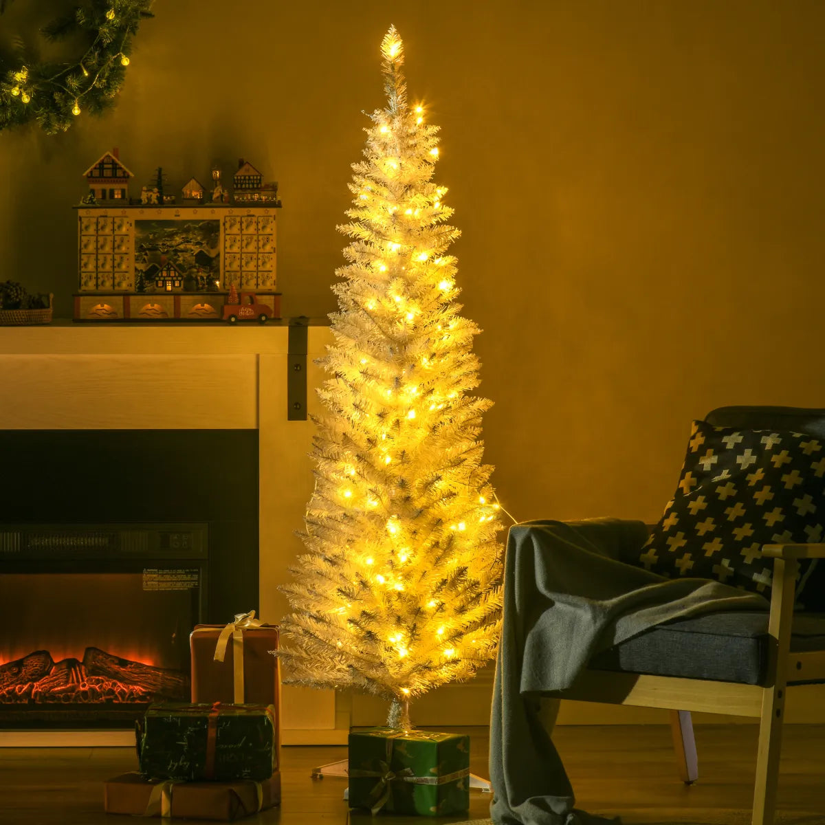 5' Pre-Lit Pencil Christmas Tree with LED Lights, White