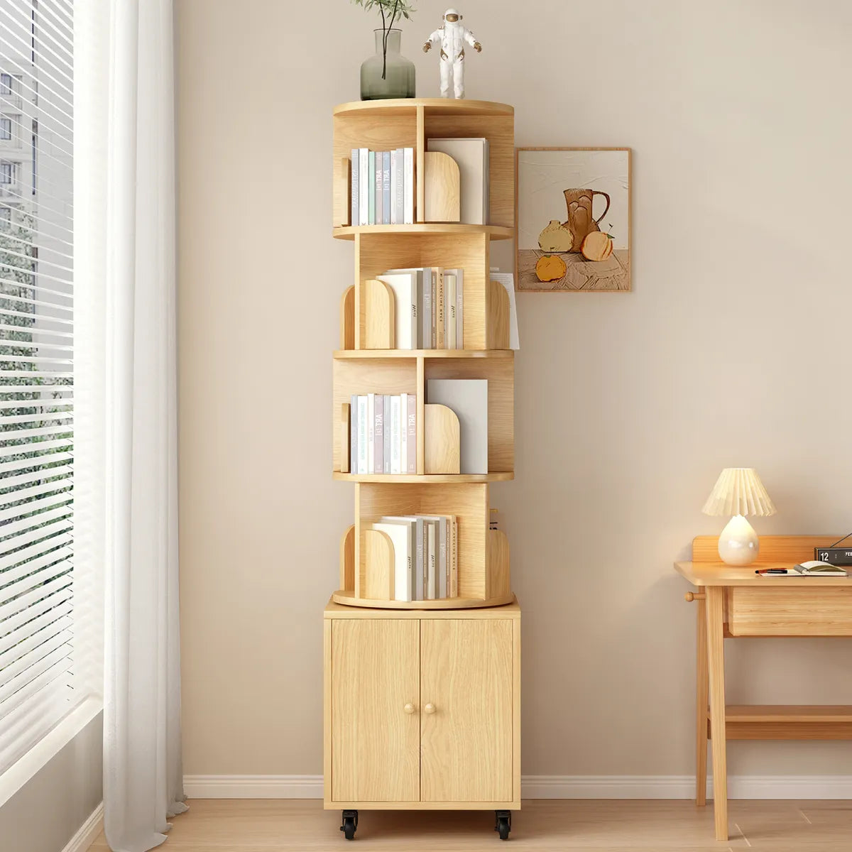Rotating Corner Bookshelf – 5-Tier With Drawer, Natural Wood Floor-Standing Bookcase