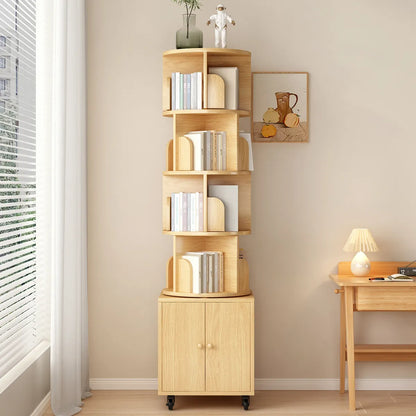 Rotating Corner Bookshelf – 5-Tier With Drawer, Natural Wood Floor-Standing Bookcase