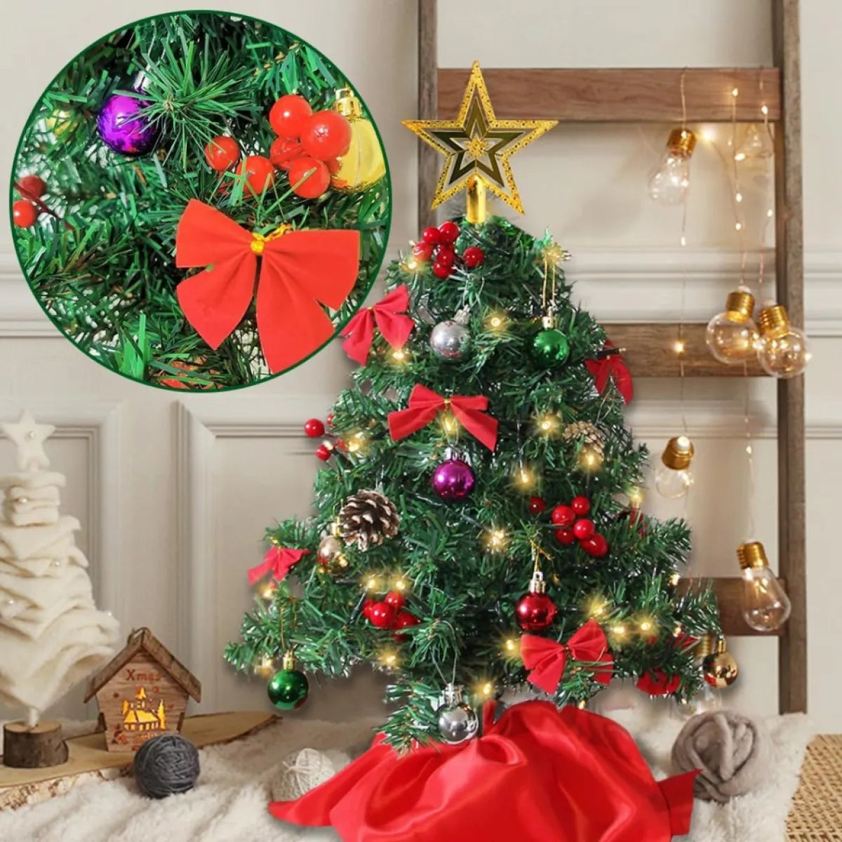 Tabletop Mini Christmas Tree Set with 50 LED Lights and Ornaments