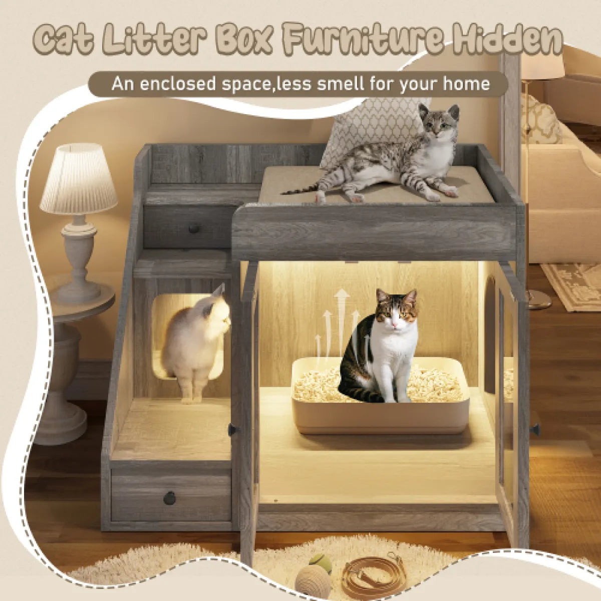 Hidden Cat Litter Box Furniture – Enclosure Cabinet with Light & 2 Storage Drawers