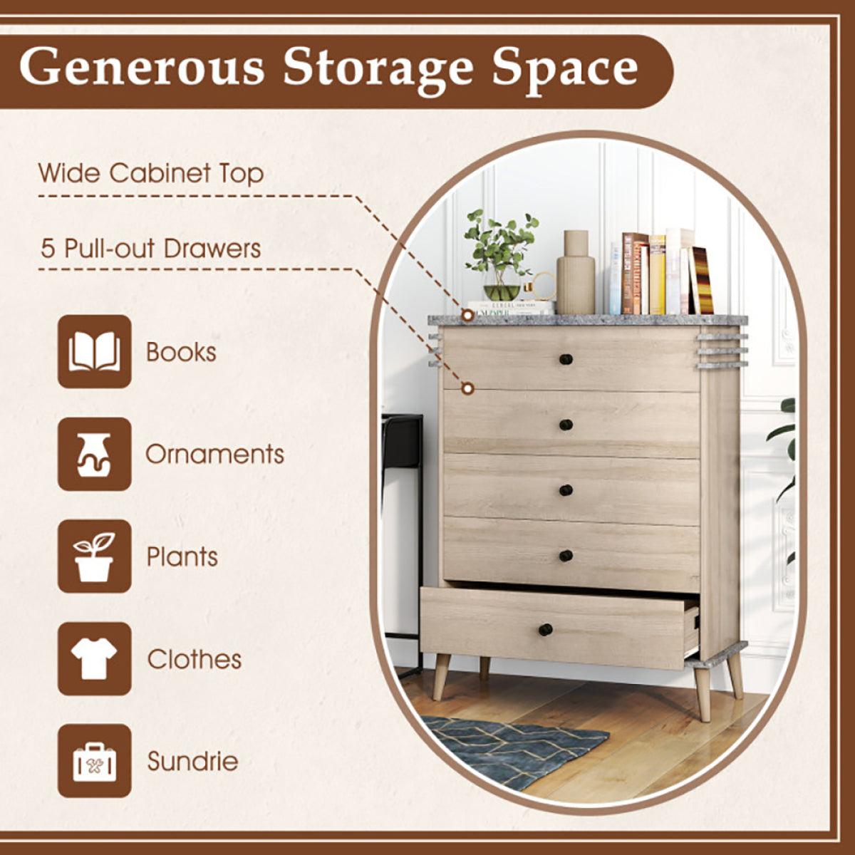 5-Drawer Farmhouse Dresser – Wood & Metal, Tall Bedroom Storage – view 8