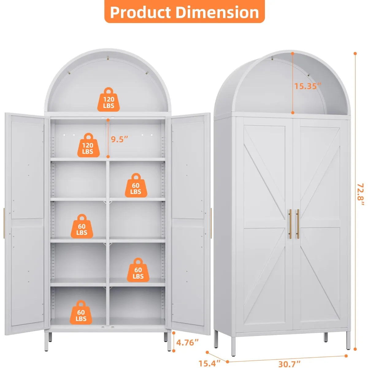 31" Tall Arched Kitchen Pantry Cabinet – Metal, White Freestanding Storage – view 5