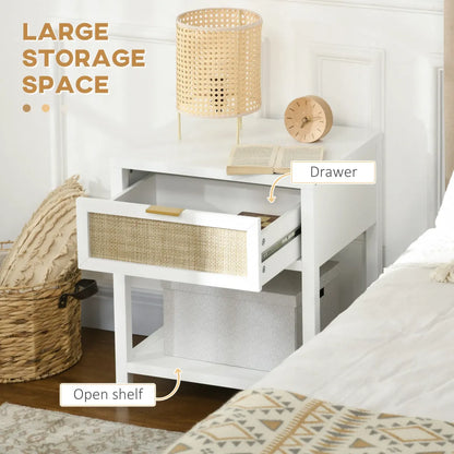Boho Nightstand with Rattan Drawer and Open Shelf – Bedside Table