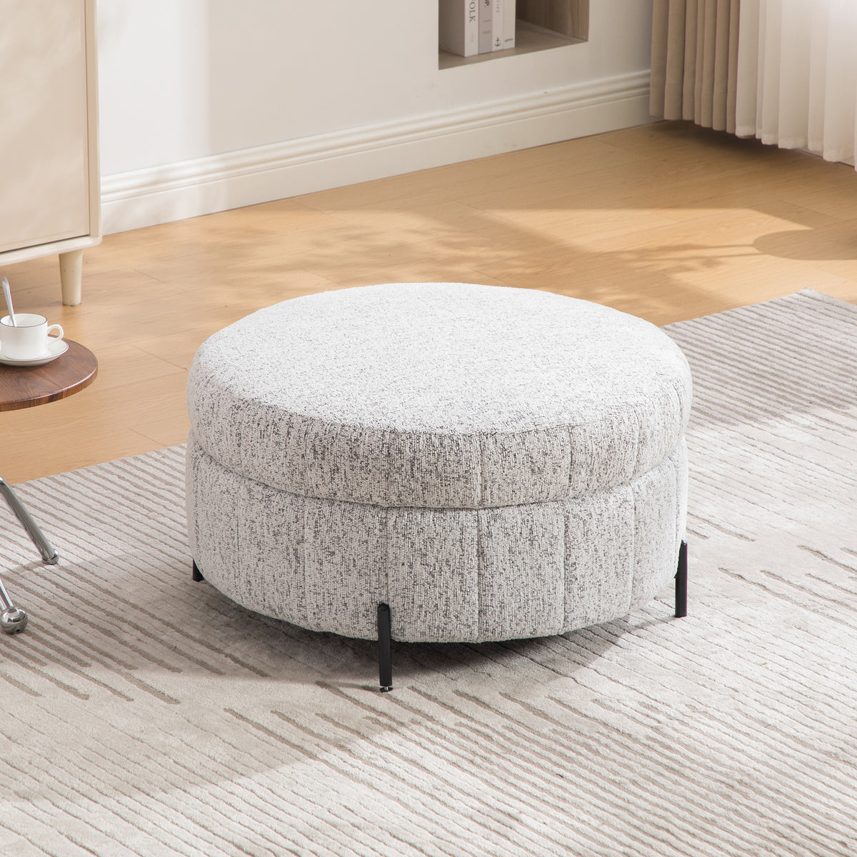 Round Storage Ottoman with Reversible Lid, White-Black