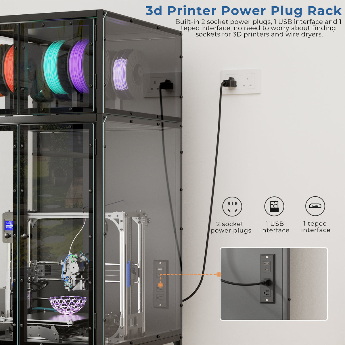 3D printer cabinet with filament storage, black