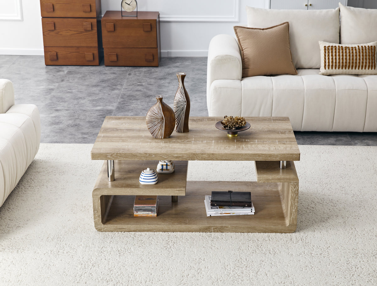 3-tier coffee table with storage, wood grain