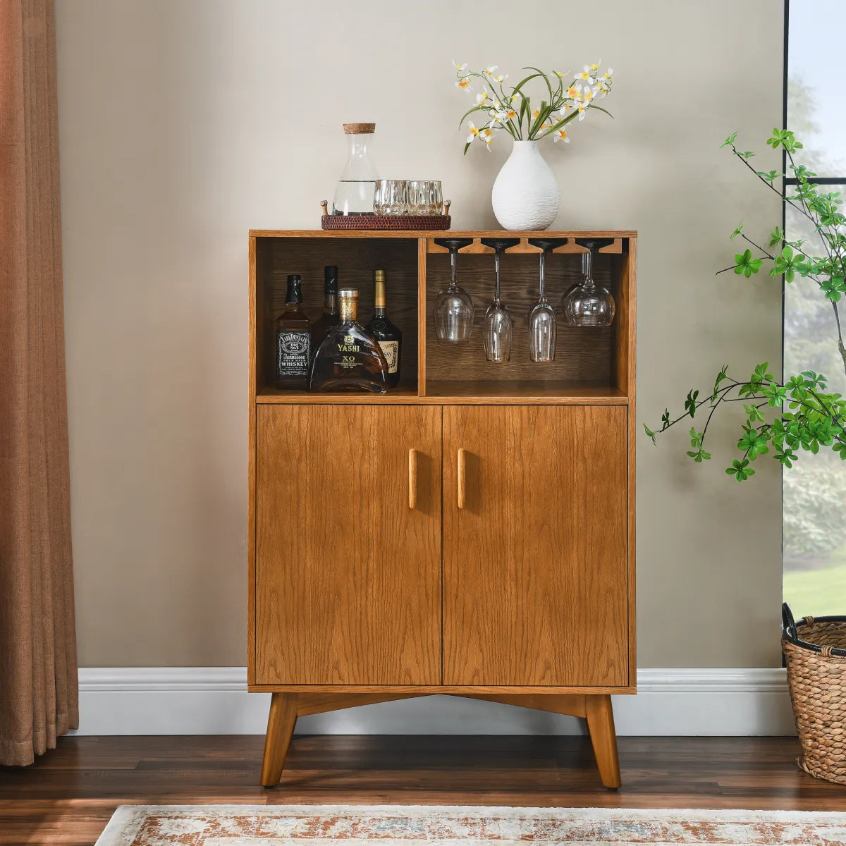 31.5" Rustic Liquor Cabinet with Wine Rack & Glass Holder