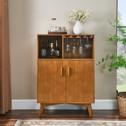 31.5" Rustic Liquor Cabinet with Wine Rack & Glass Holder